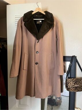 100% Wool Vintage Brown Zero King Coat with Faux Fur Lining